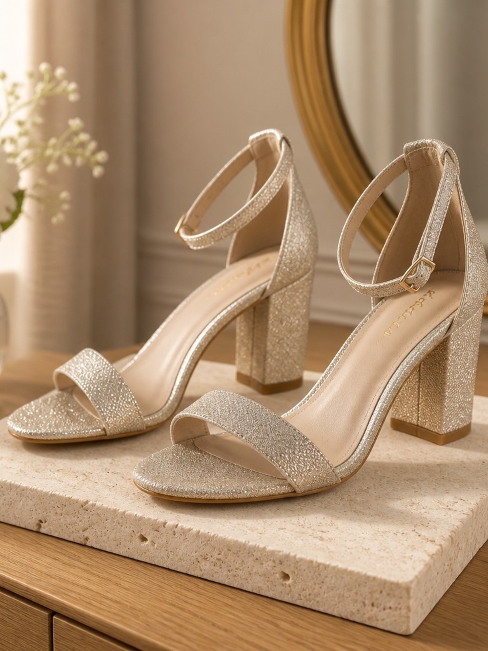Glitter Block Heel Ankle-Strap Sandals in Light Gold